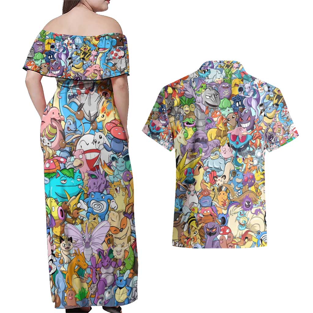 Pocket Monsters Poke Couples Matching Off Shoulder Maxi Dress and Hawaiian Shirt Japan Anime Style - The Mazicc