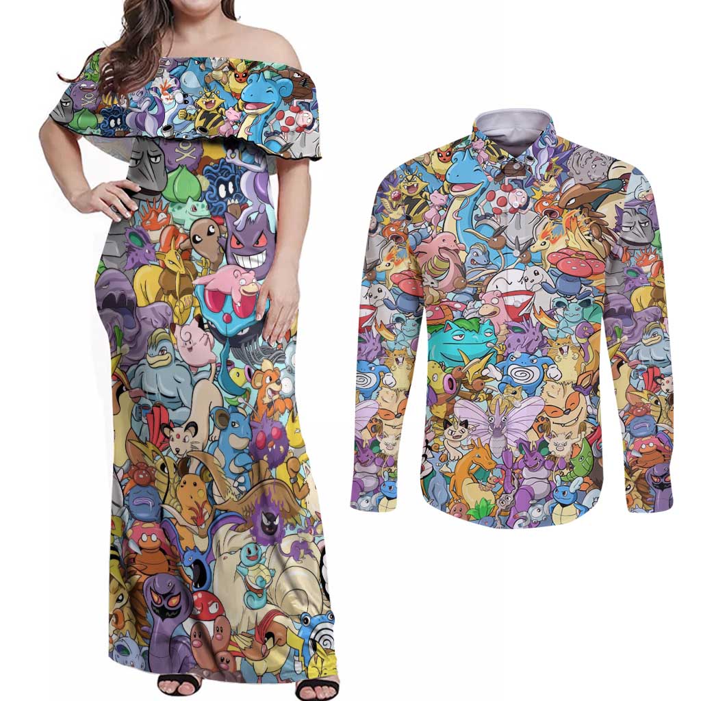 Pocket Monsters Poke Couples Matching Off Shoulder Maxi Dress and Long Sleeve Button Shirt Japan Anime Style - The Mazicc