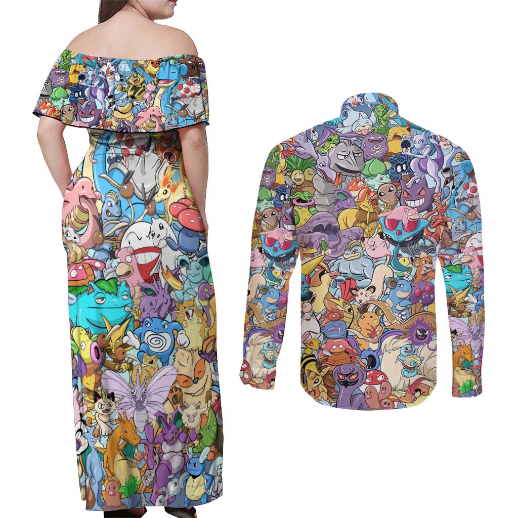 Pocket Monsters Poke Couples Matching Off Shoulder Maxi Dress and Long Sleeve Button Shirt Japan Anime Style - The Mazicc