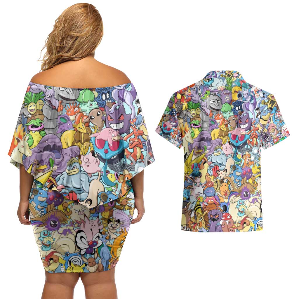 Pocket Monsters Poke Couples Matching Off Shoulder Short Dress and Hawaiian Shirt Japan Anime Style - The Mazicc