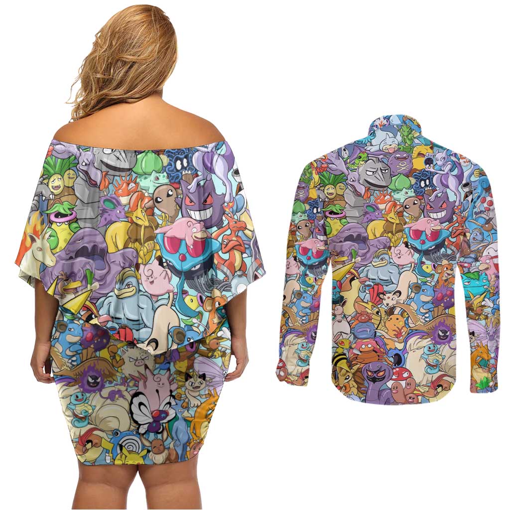 Pocket Monsters Poke Couples Matching Off Shoulder Short Dress and Long Sleeve Button Shirt Japan Anime Style - The Mazicc
