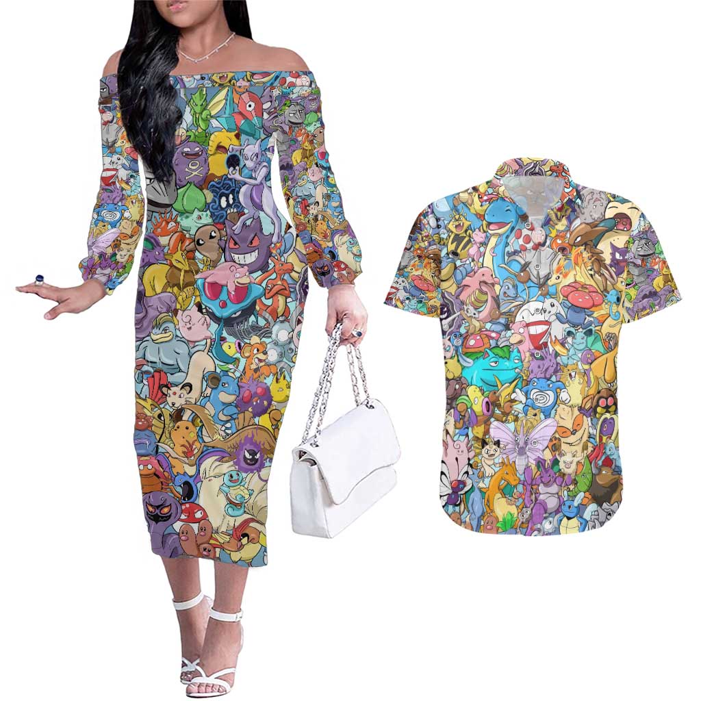 Pocket Monsters Poke Couples Matching Off The Shoulder Long Sleeve Dress and Hawaiian Shirt Japan Anime Style - The Mazicc