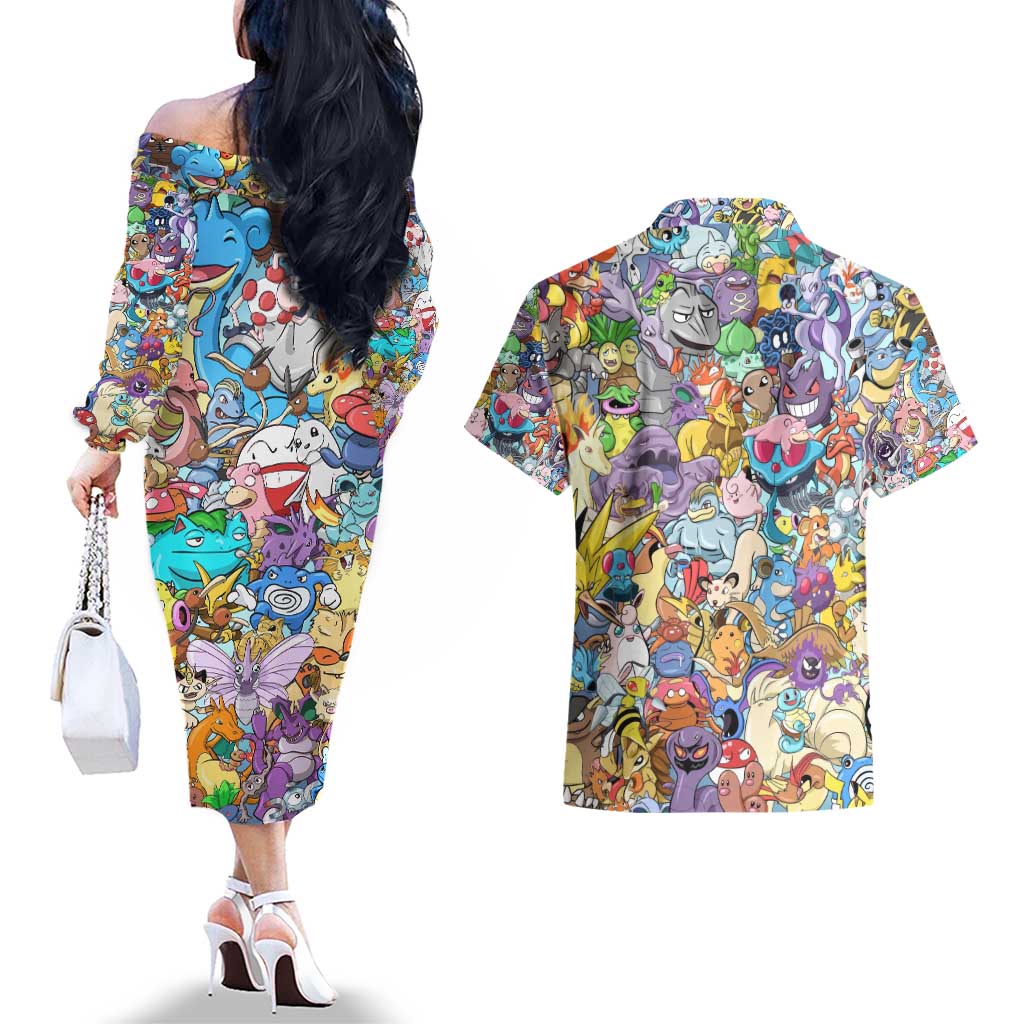 Pocket Monsters Poke Couples Matching Off The Shoulder Long Sleeve Dress and Hawaiian Shirt Japan Anime Style - The Mazicc