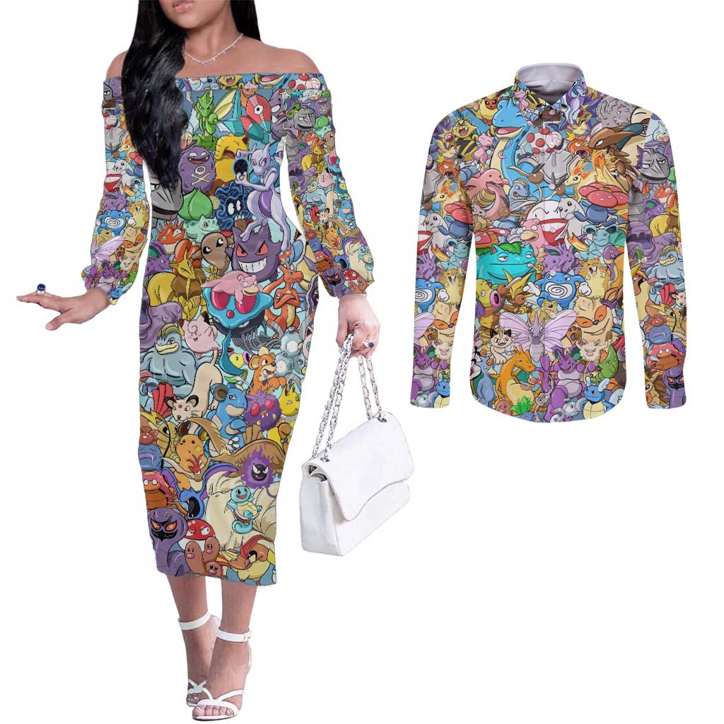 Pocket Monsters Poke Couples Matching Off The Shoulder Long Sleeve Dress and Long Sleeve Button Shirt Japan Anime Style - The Mazicc