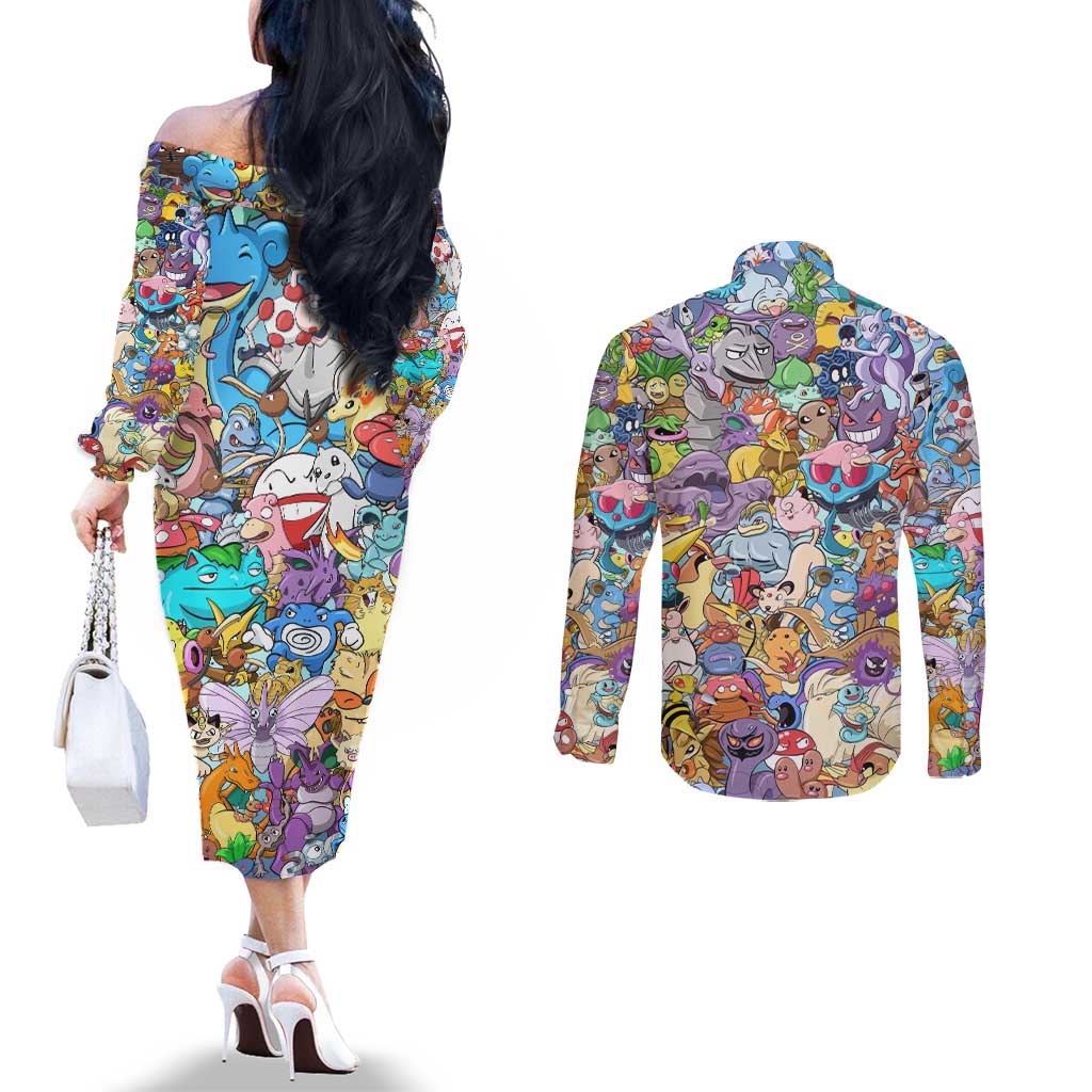 Pocket Monsters Poke Couples Matching Off The Shoulder Long Sleeve Dress and Long Sleeve Button Shirt Japan Anime Style - The Mazicc