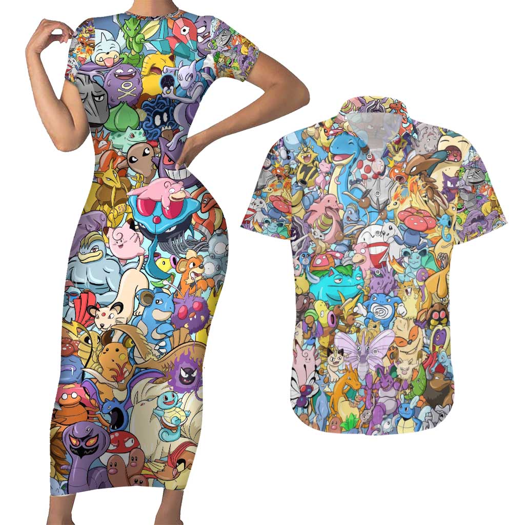 Pocket Monsters Poke Couples Matching Short Sleeve Bodycon Dress and Hawaiian Shirt Japan Anime Style - The Mazicc
