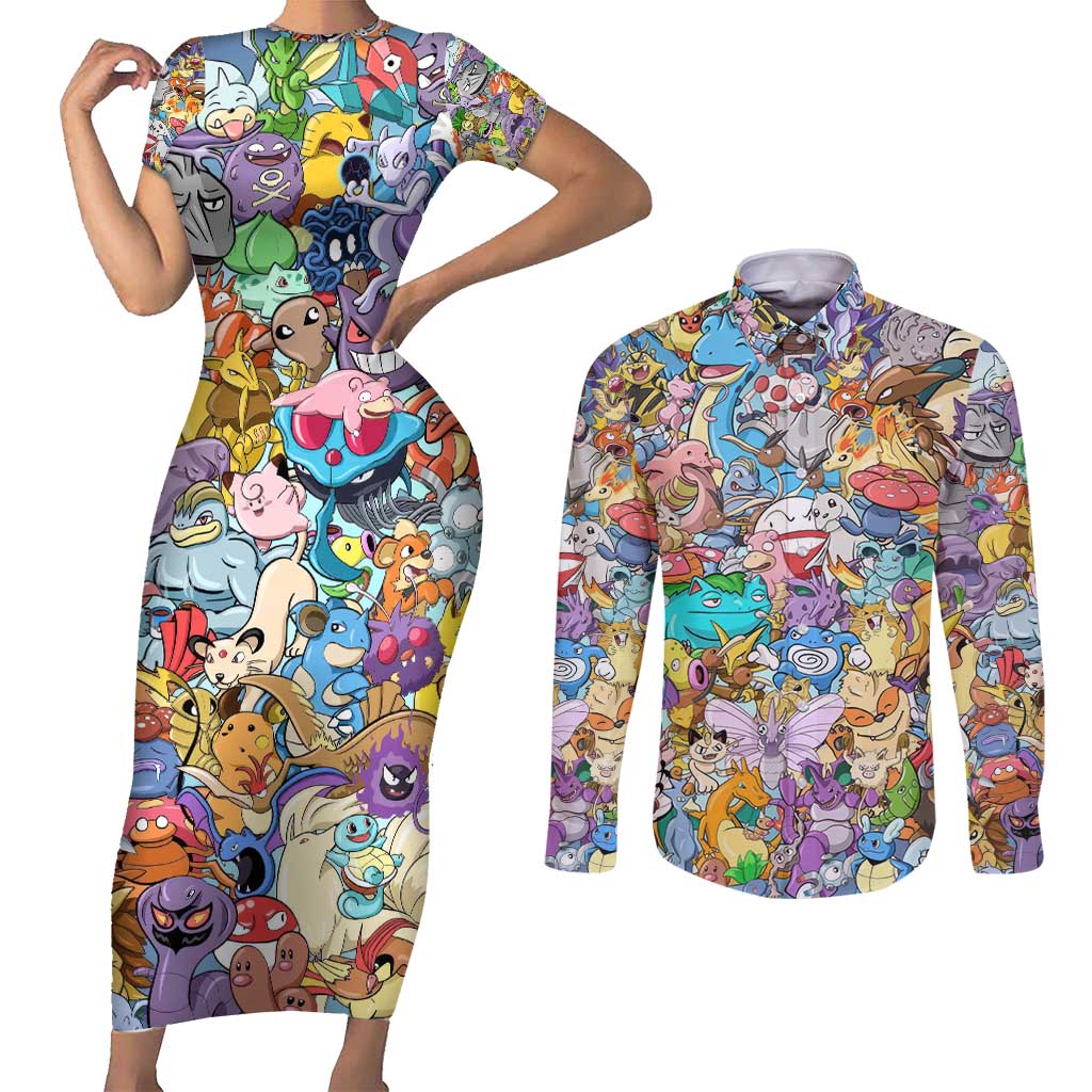 Pocket Monsters Poke Couples Matching Short Sleeve Bodycon Dress and Long Sleeve Button Shirt Japan Anime Style - The Mazicc