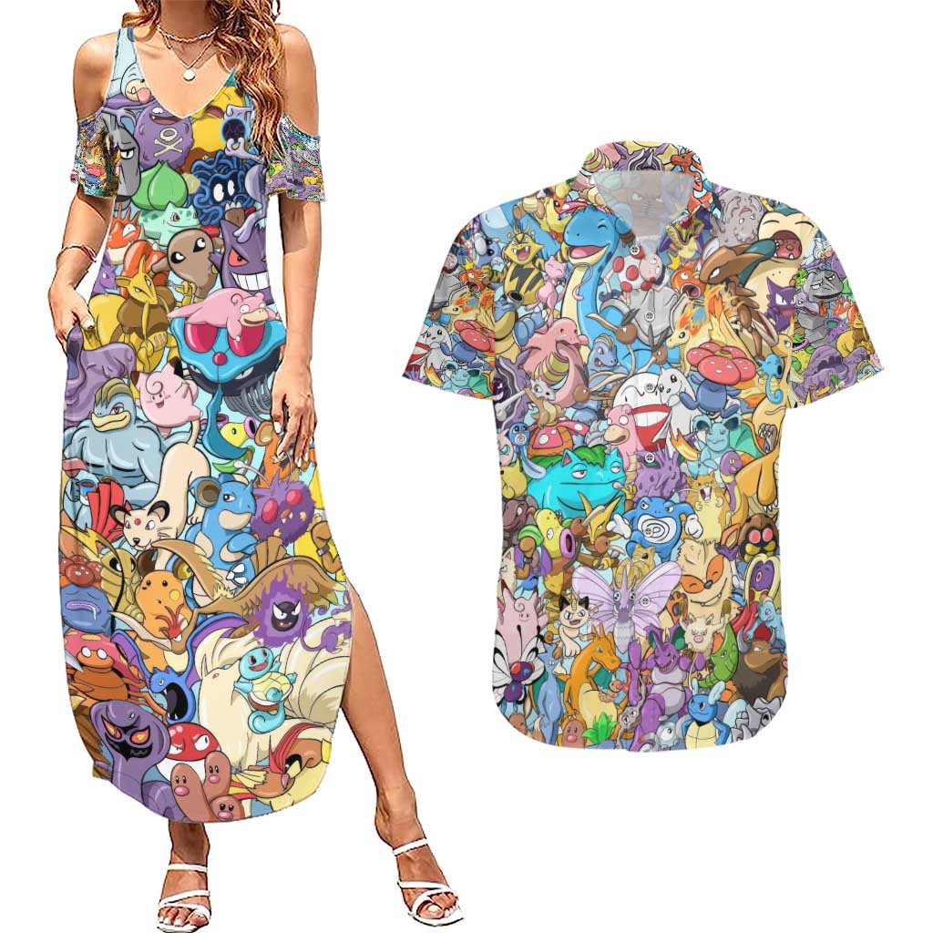 Pocket Monsters Poke Couples Matching Summer Maxi Dress and Hawaiian Shirt Japan Anime Style - The Mazicc