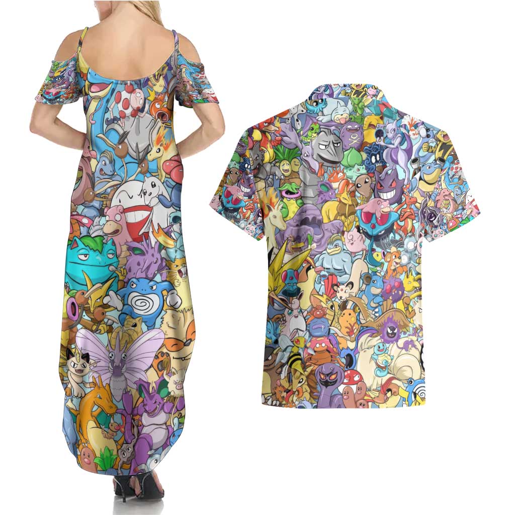 Pocket Monsters Poke Couples Matching Summer Maxi Dress and Hawaiian Shirt Japan Anime Style - The Mazicc