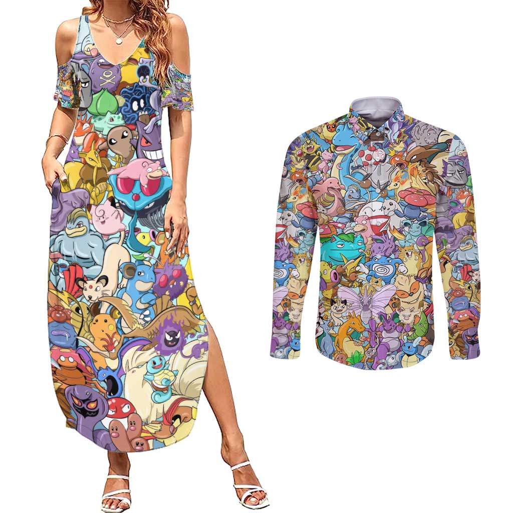 Pocket Monsters Poke Couples Matching Summer Maxi Dress and Long Sleeve Button Shirt Japan Anime Style - The Mazicc