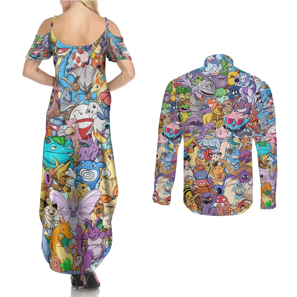 Pocket Monsters Poke Couples Matching Summer Maxi Dress and Long Sleeve Button Shirt Japan Anime Style - The Mazicc