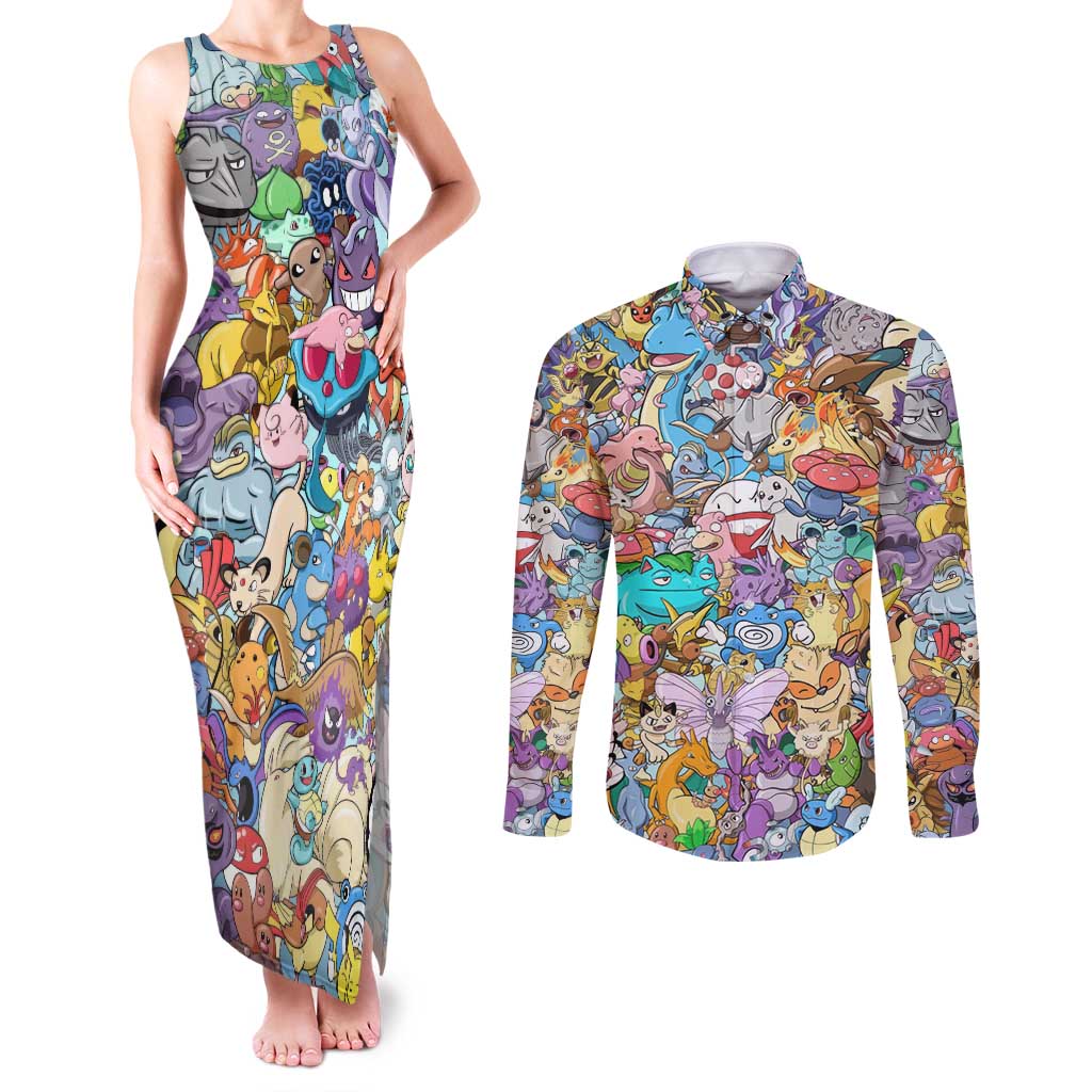 Pocket Monsters Poke Couples Matching Tank Maxi Dress and Long Sleeve Button Shirt Japan Anime Style - The Mazicc
