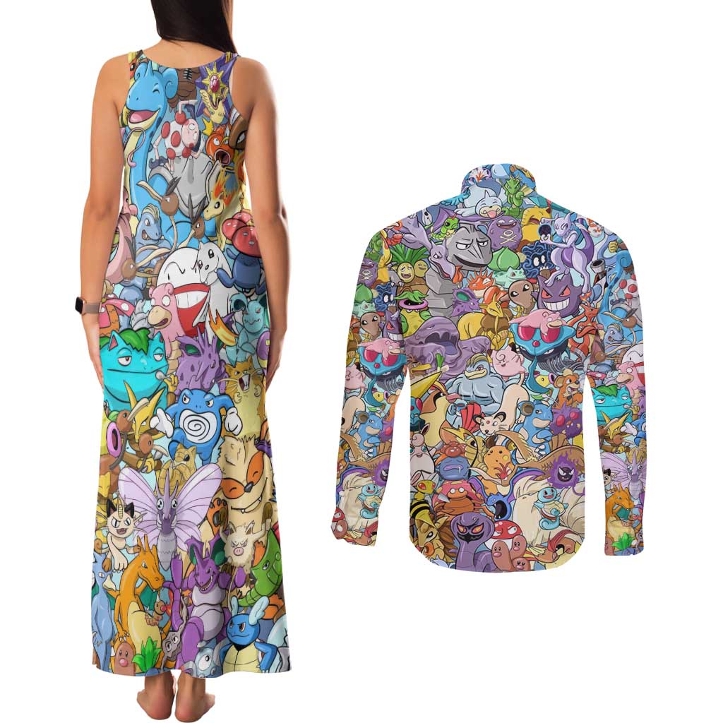 Pocket Monsters Poke Couples Matching Tank Maxi Dress and Long Sleeve Button Shirt Japan Anime Style - The Mazicc
