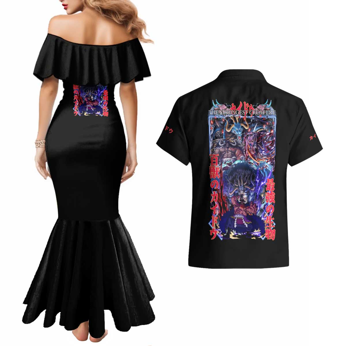 Kaido V3 One Piece Couples Matching Mermaid Dress and Hawaiian Shirt Japan Anime Style - The Mazicc