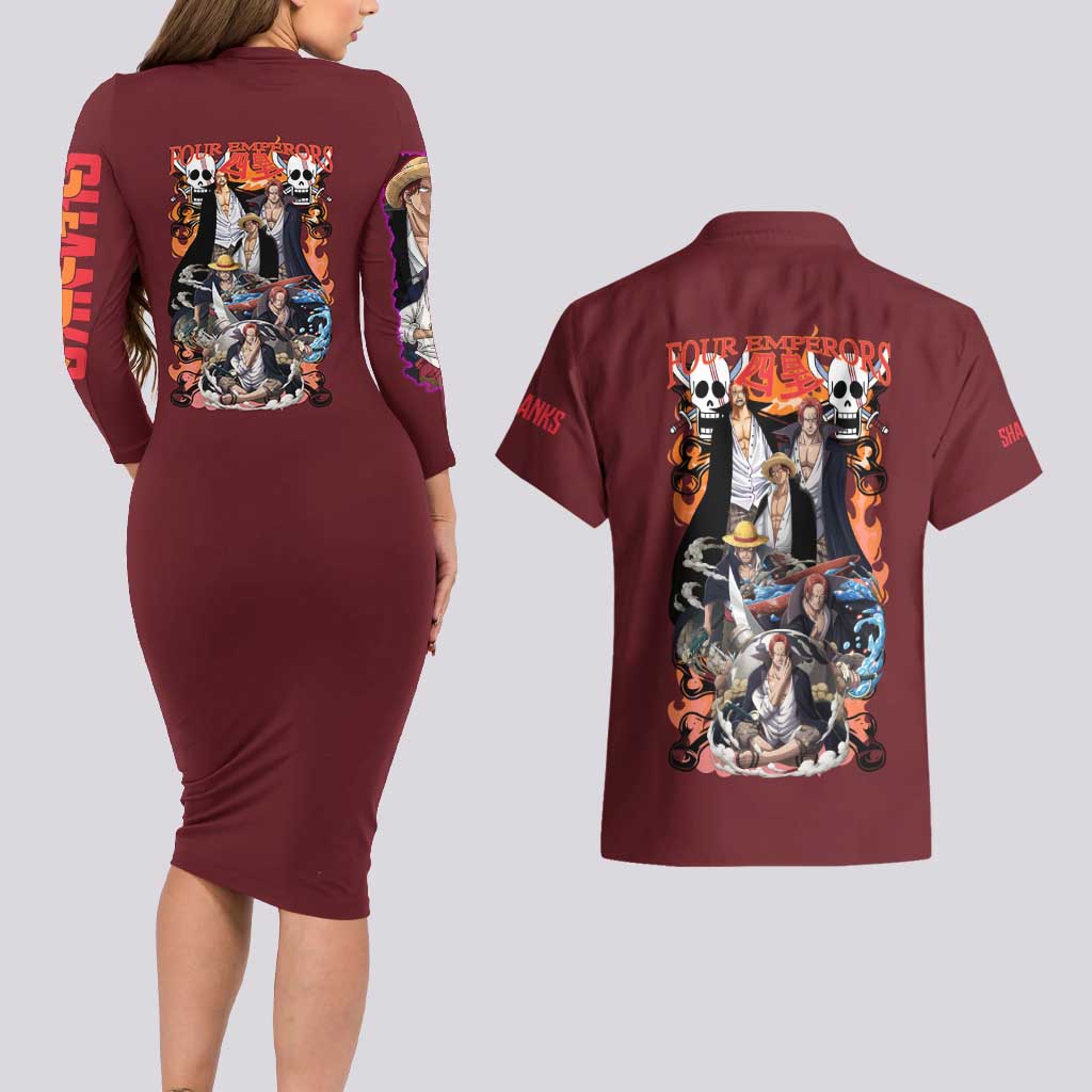 Shanks V3 One Piece Couples Matching Long Sleeve Bodycon Dress and Hawaiian Shirt Japan Anime Style - The Mazicc