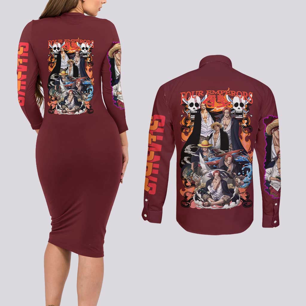 Shanks V3 One Piece Couples Matching Long Sleeve Bodycon Dress and Long Sleeve Button Shirt Japan Anime Style - The Mazicc