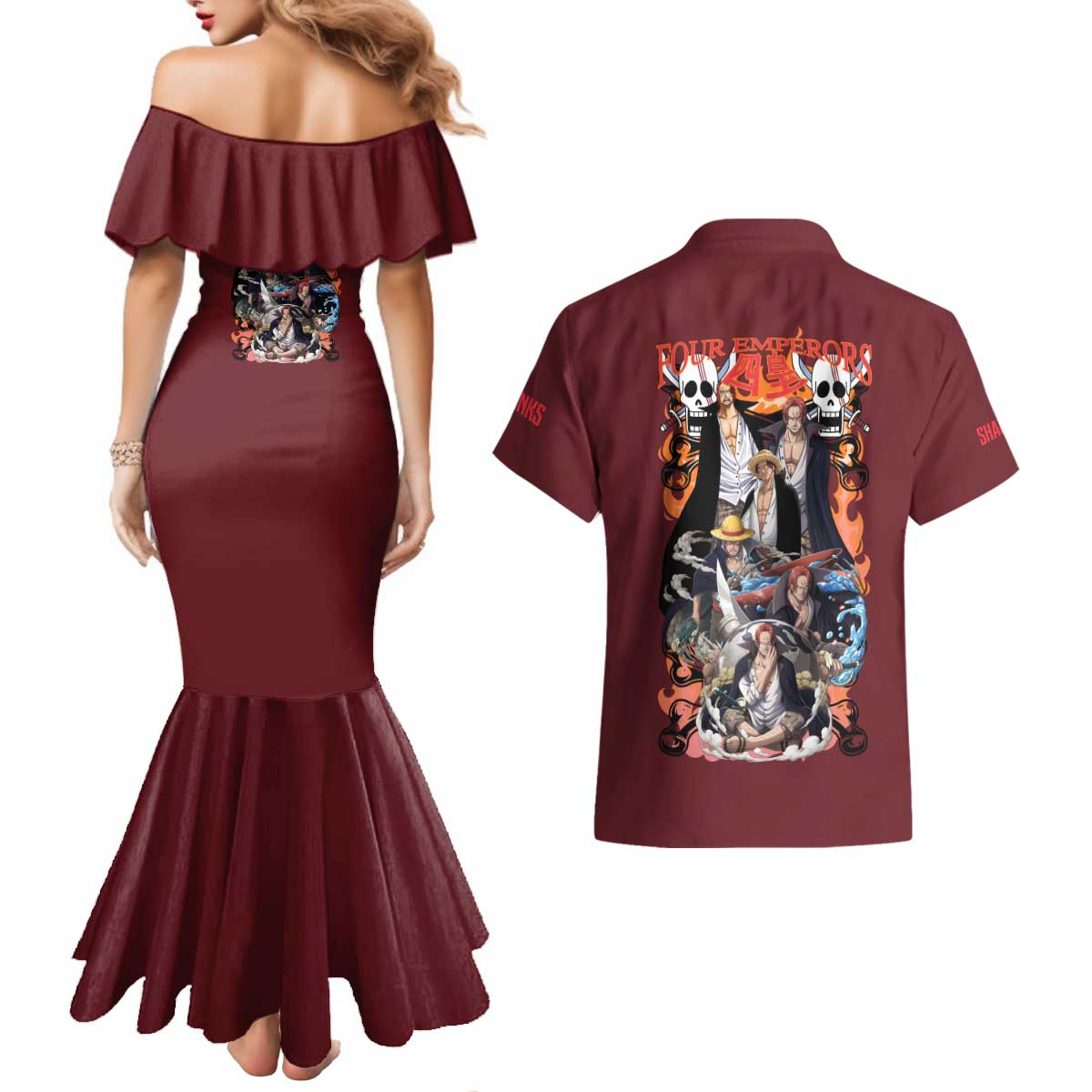 Shanks V3 One Piece Couples Matching Mermaid Dress and Hawaiian Shirt Japan Anime Style - The Mazicc