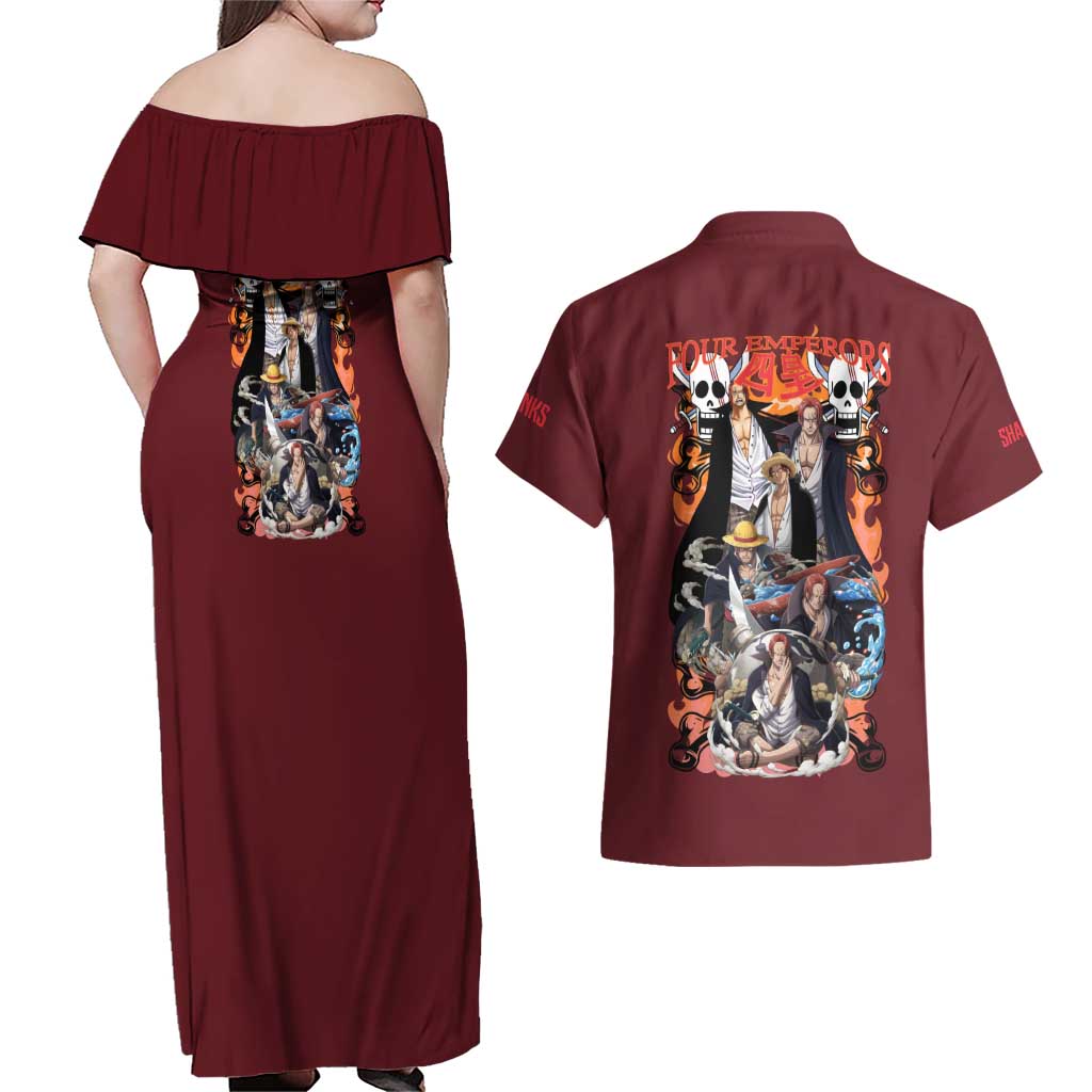 Shanks V3 One Piece Couples Matching Off Shoulder Maxi Dress and Hawaiian Shirt Japan Anime Style - The Mazicc