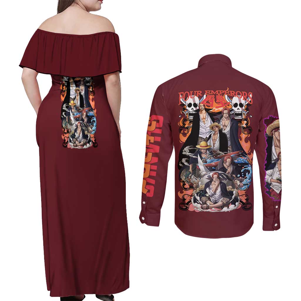 Shanks V3 One Piece Couples Matching Off Shoulder Maxi Dress and Long Sleeve Button Shirt Japan Anime Style - The Mazicc