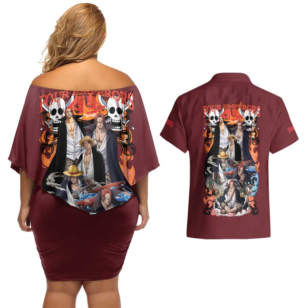 Shanks V3 One Piece Couples Matching Off Shoulder Short Dress and Hawaiian Shirt Japan Anime Style - The Mazicc