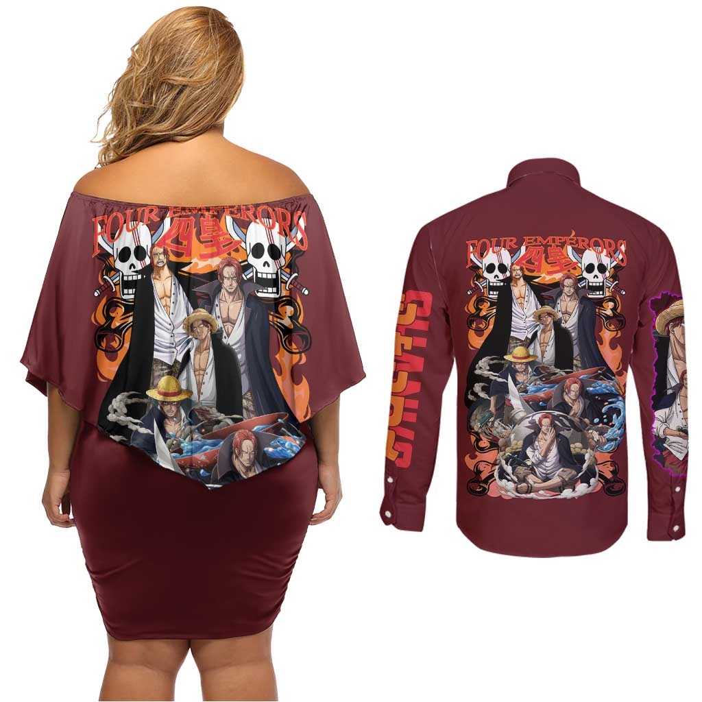 Shanks V3 One Piece Couples Matching Off Shoulder Short Dress and Long Sleeve Button Shirt Japan Anime Style - The Mazicc