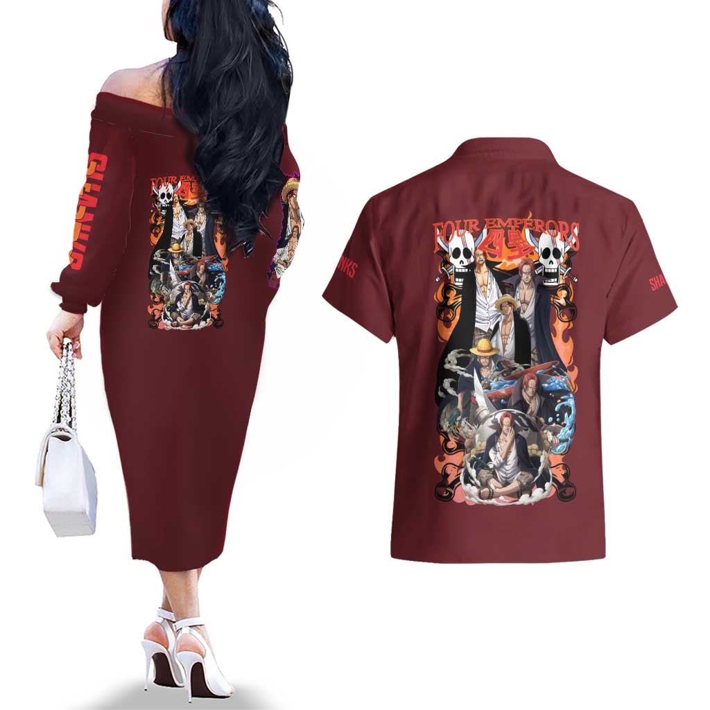 Shanks V3 One Piece Couples Matching Off The Shoulder Long Sleeve Dress and Hawaiian Shirt Japan Anime Style - The Mazicc