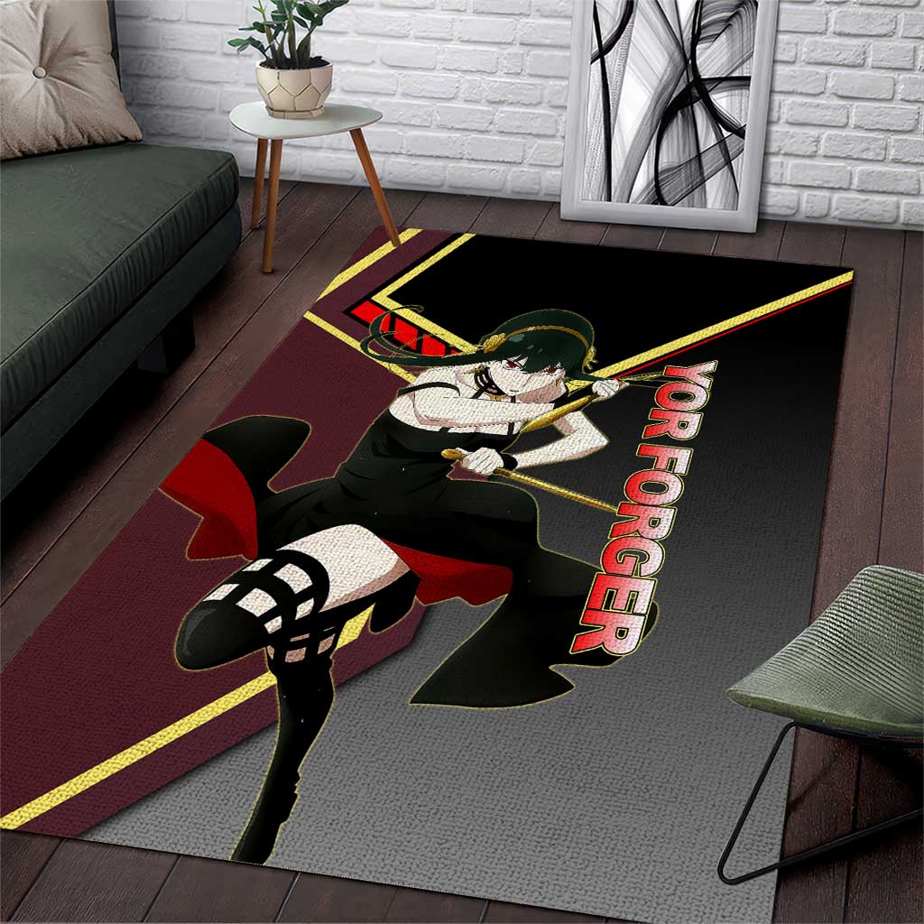 Yor Forger Spy x Family Red and Black Assassin Theme Area Rug with Elegant Weapon Pose and Bold Color Accents - The Mazicc