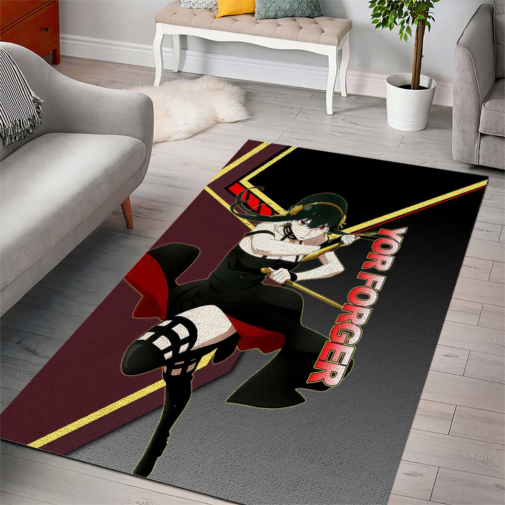 Yor Forger Spy x Family Red and Black Assassin Theme Area Rug with Elegant Weapon Pose and Bold Color Accents - The Mazicc