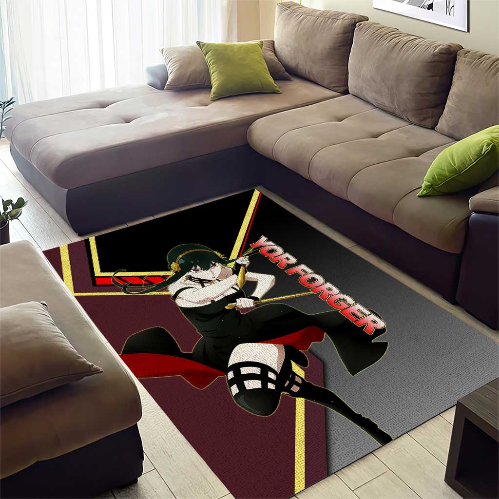 Yor Forger Spy x Family Red and Black Assassin Theme Area Rug with Elegant Weapon Pose and Bold Color Accents - The Mazicc