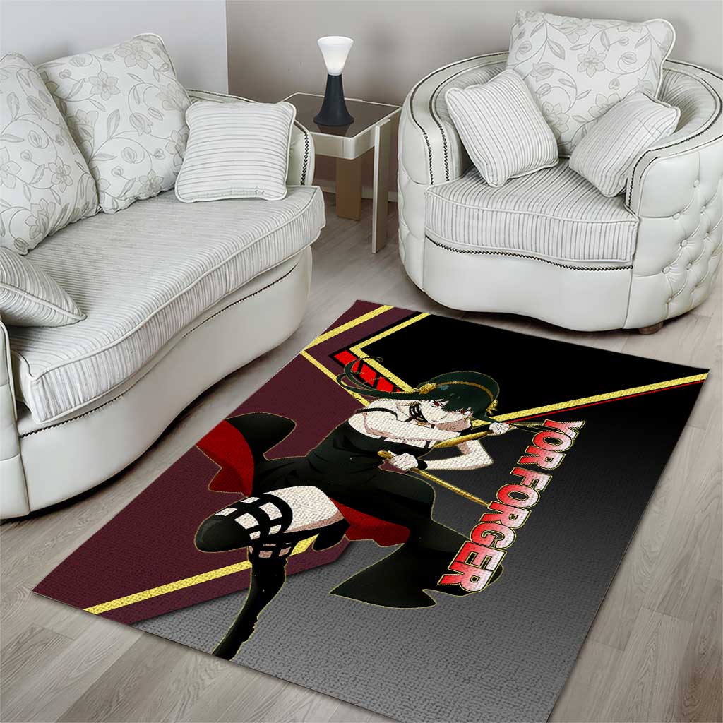 Yor Forger Spy x Family Red and Black Assassin Theme Area Rug with Elegant Weapon Pose and Bold Color Accents - The Mazicc