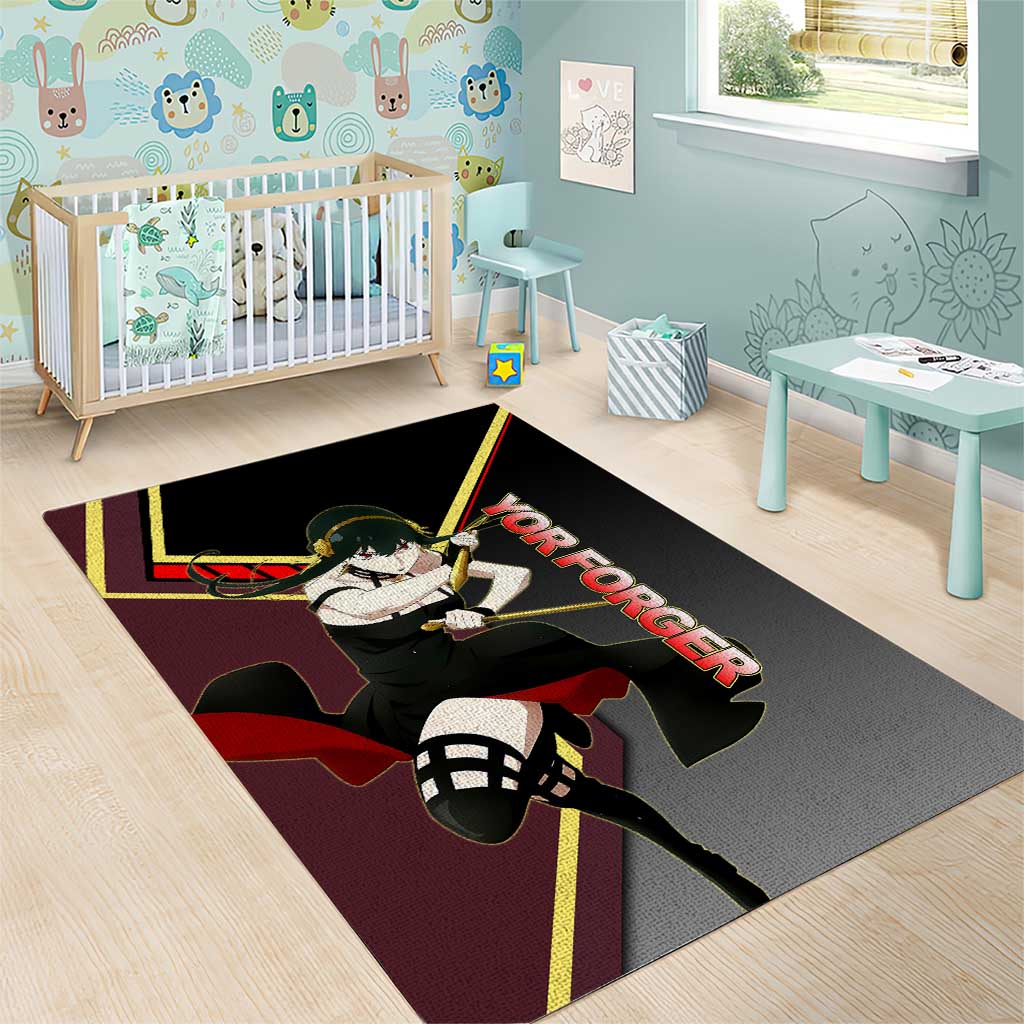 Yor Forger Spy x Family Red and Black Assassin Theme Area Rug with Elegant Weapon Pose and Bold Color Accents - The Mazicc