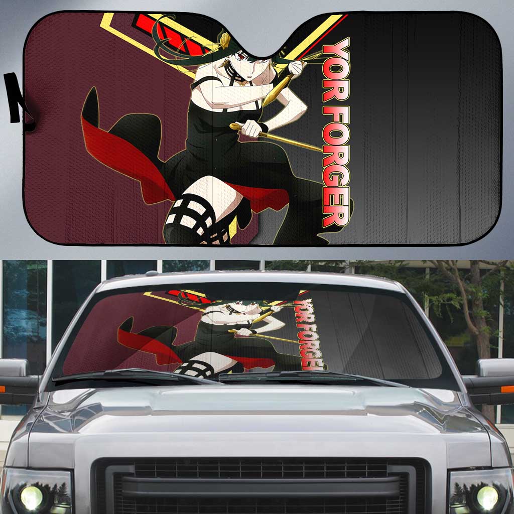 Yor Forger Spy x Family Red and Black Assassin Theme Auto Sun Shade with Elegant Weapon Pose and Bold Color Accents - The Mazicc