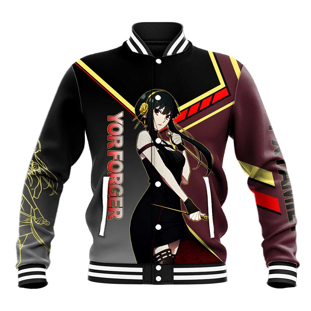 Yor Forger Spy x Family Red and Black Assassin Theme Baseball Jacket with Elegant Weapon Pose and Bold Color Accents - The Mazicc