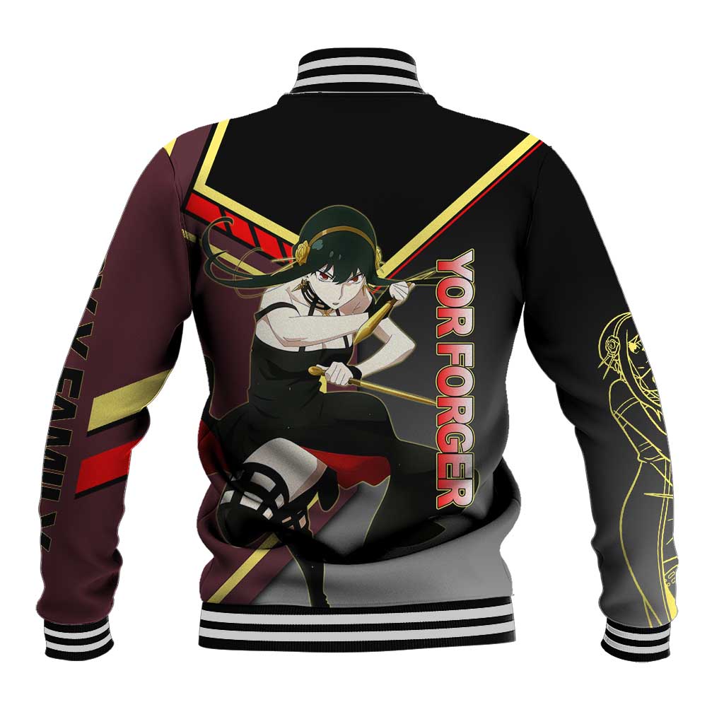 Yor Forger Spy x Family Red and Black Assassin Theme Baseball Jacket with Elegant Weapon Pose and Bold Color Accents - The Mazicc