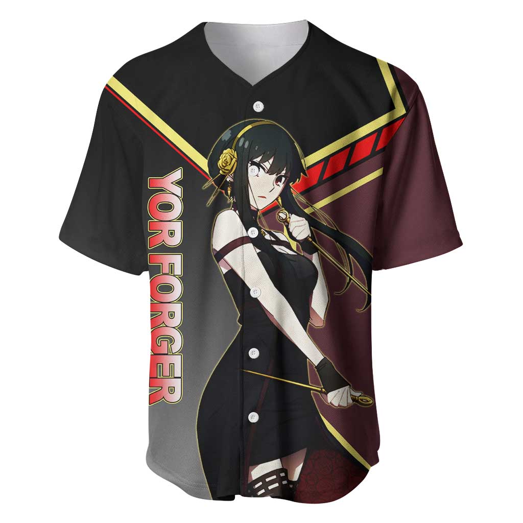 Yor Forger Spy x Family Red and Black Assassin Theme Baseball Jersey with Elegant Weapon Pose and Bold Color Accents - The Mazicc