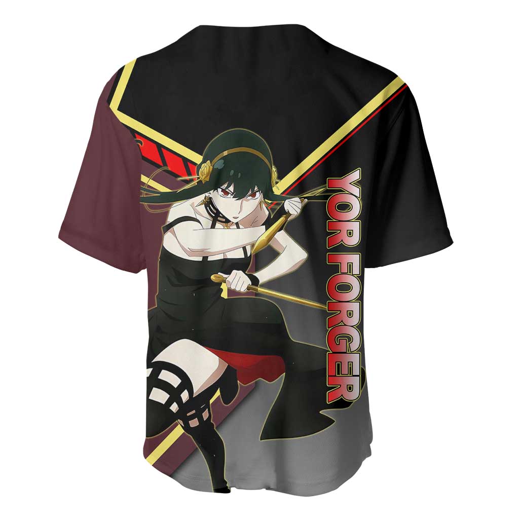 Yor Forger Spy x Family Red and Black Assassin Theme Baseball Jersey with Elegant Weapon Pose and Bold Color Accents - The Mazicc