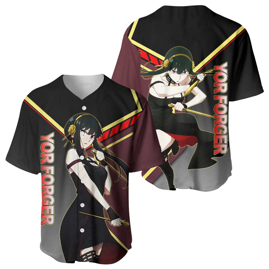 Yor Forger Spy x Family Red and Black Assassin Theme Baseball Jersey with Elegant Weapon Pose and Bold Color Accents - The Mazicc