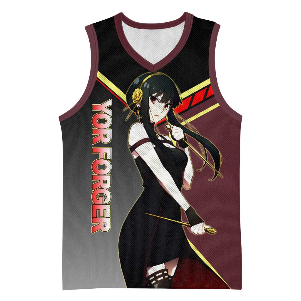 Yor Forger Spy x Family Red and Black Assassin Theme Basketball Jersey with Elegant Weapon Pose and Bold Color Accents - The Mazicc