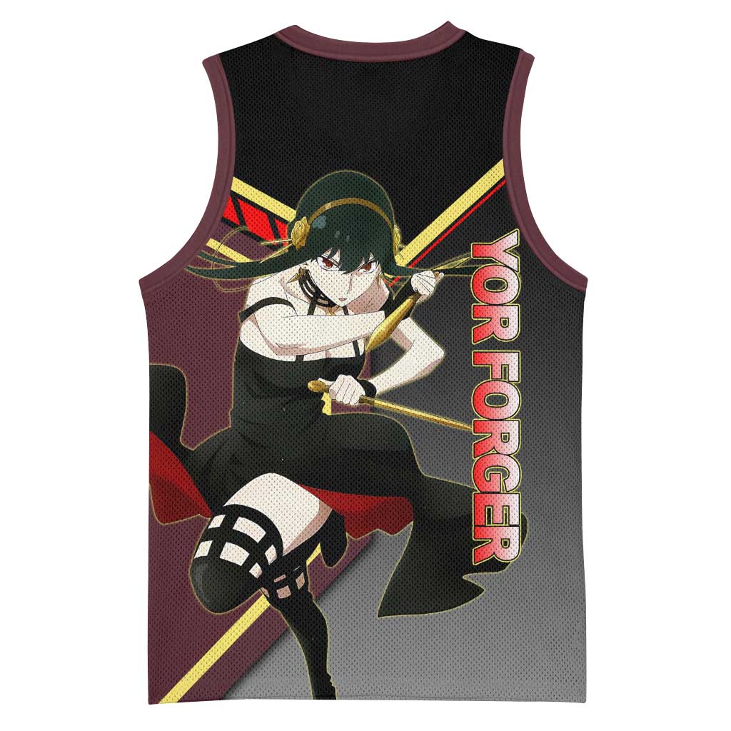 Yor Forger Spy x Family Red and Black Assassin Theme Basketball Jersey with Elegant Weapon Pose and Bold Color Accents - The Mazicc