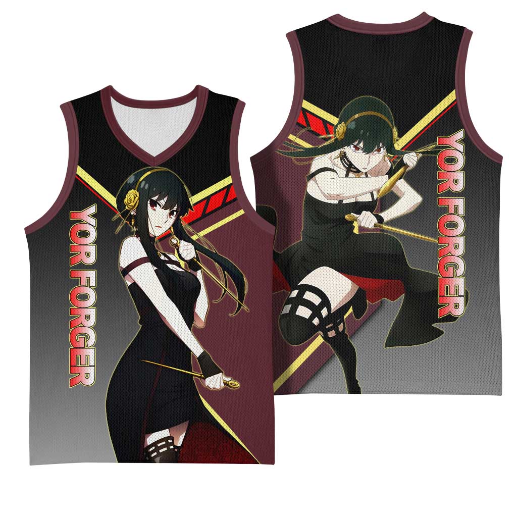 Yor Forger Spy x Family Red and Black Assassin Theme Basketball Jersey with Elegant Weapon Pose and Bold Color Accents - The Mazicc