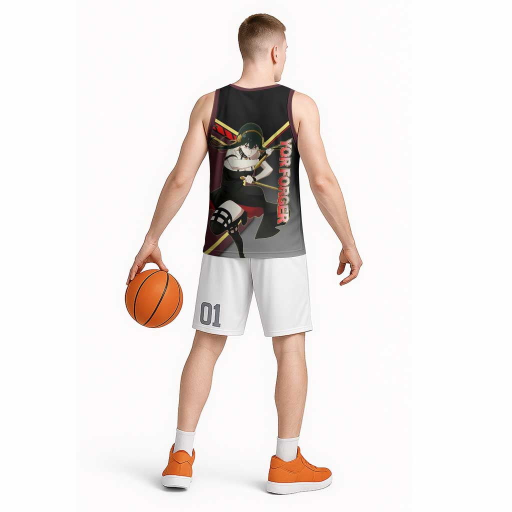Yor Forger Spy x Family Red and Black Assassin Theme Basketball Jersey with Elegant Weapon Pose and Bold Color Accents - The Mazicc