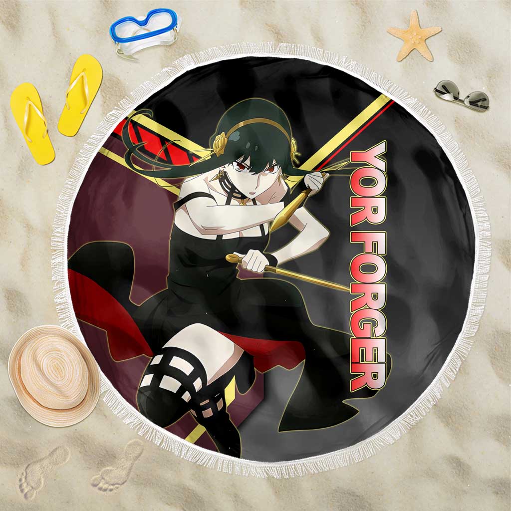Yor Forger Spy x Family Red and Black Assassin Theme Beach Blanket with Elegant Weapon Pose and Bold Color Accents - The Mazicc