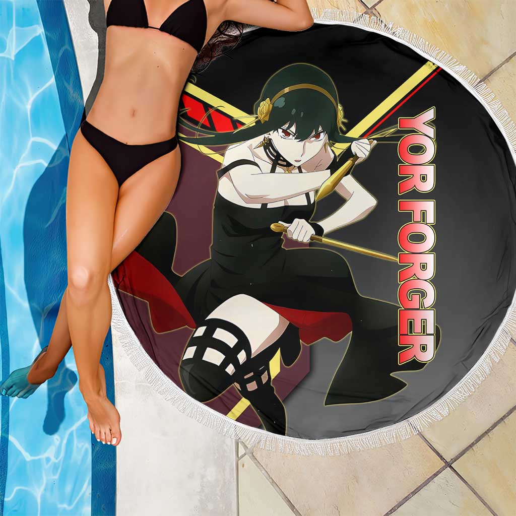 Yor Forger Spy x Family Red and Black Assassin Theme Beach Blanket with Elegant Weapon Pose and Bold Color Accents - The Mazicc