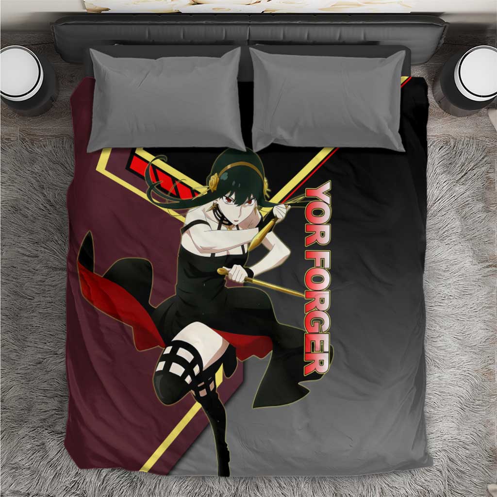 Yor Forger Spy x Family Red and Black Assassin Theme Bedding Set with Elegant Weapon Pose and Bold Color Accents - The Mazicc