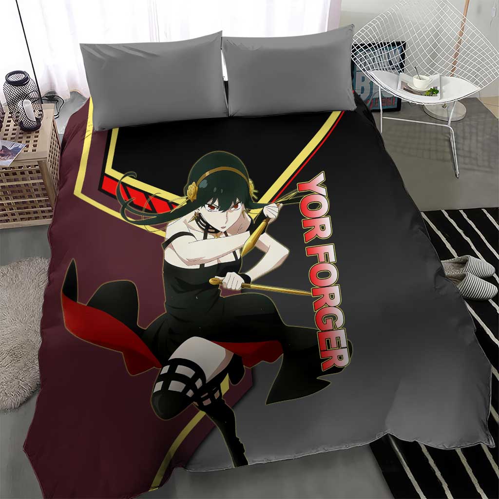 Yor Forger Spy x Family Red and Black Assassin Theme Bedding Set with Elegant Weapon Pose and Bold Color Accents - The Mazicc