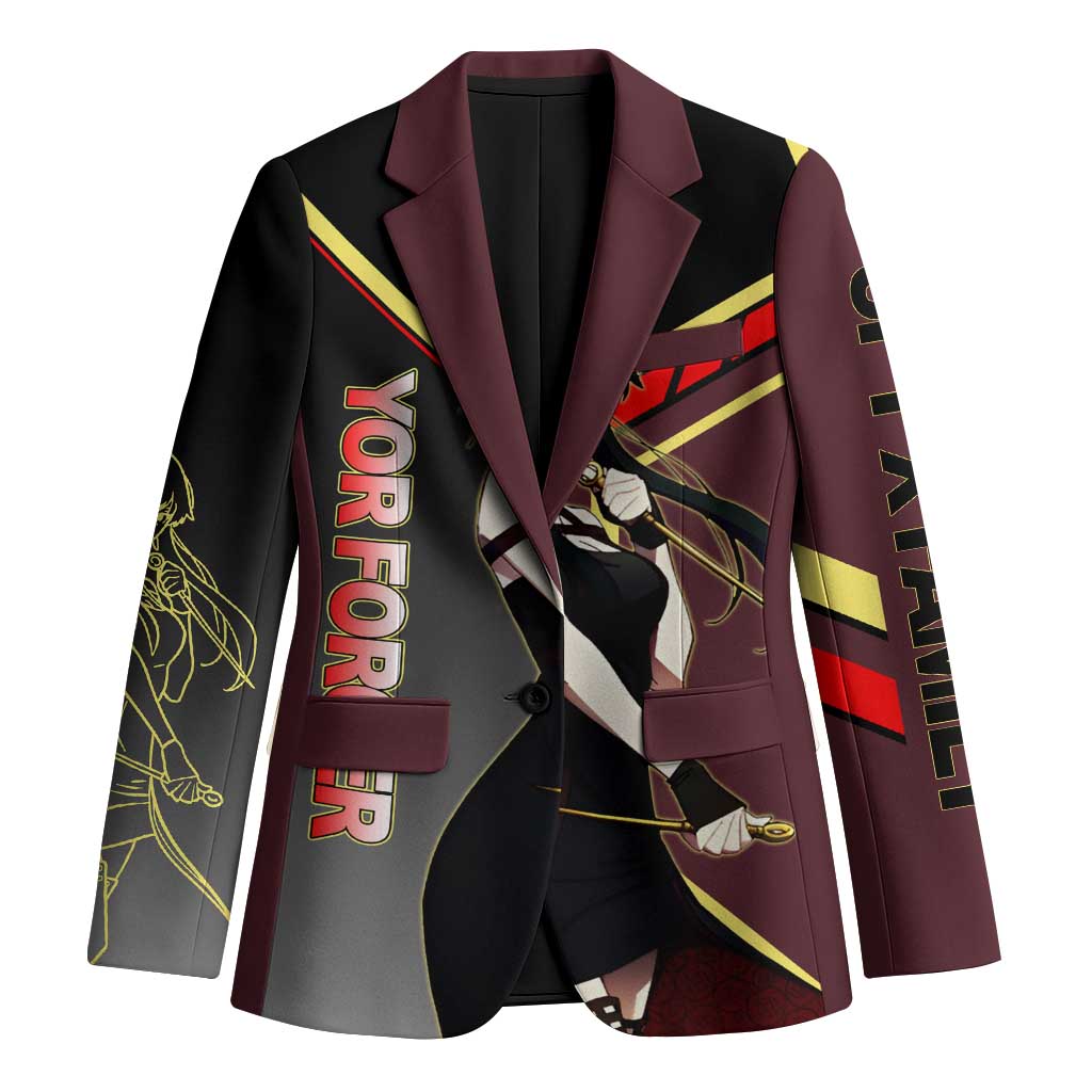 Yor Forger Spy x Family Red and Black Assassin Theme Blazer with Elegant Weapon Pose and Bold Color Accents - The Mazicc