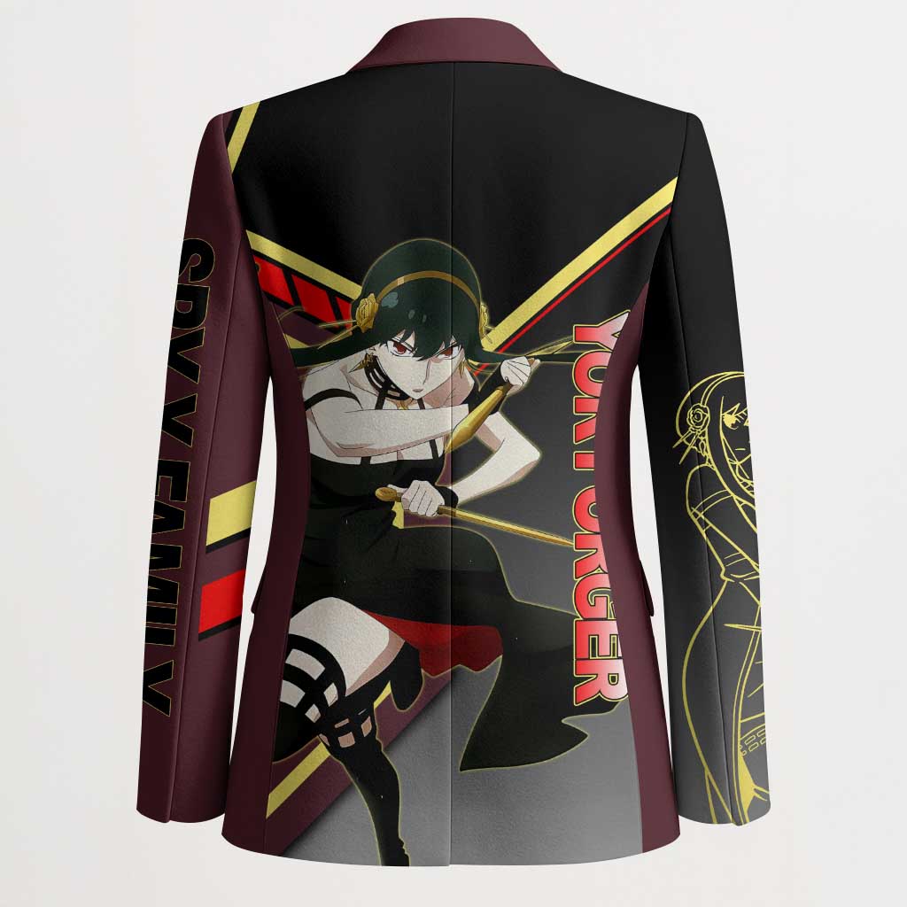 Yor Forger Spy x Family Red and Black Assassin Theme Blazer with Elegant Weapon Pose and Bold Color Accents - The Mazicc
