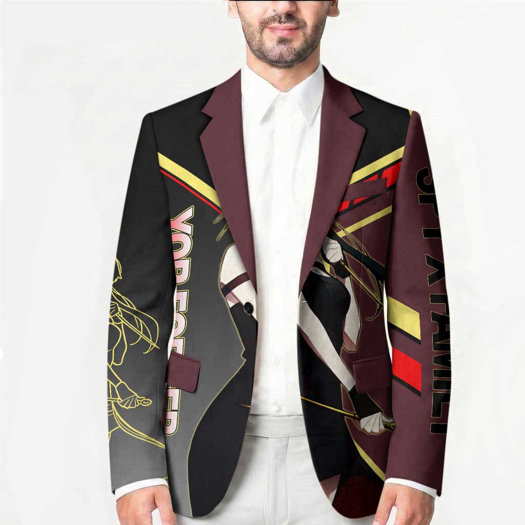 Yor Forger Spy x Family Red and Black Assassin Theme Blazer with Elegant Weapon Pose and Bold Color Accents - The Mazicc