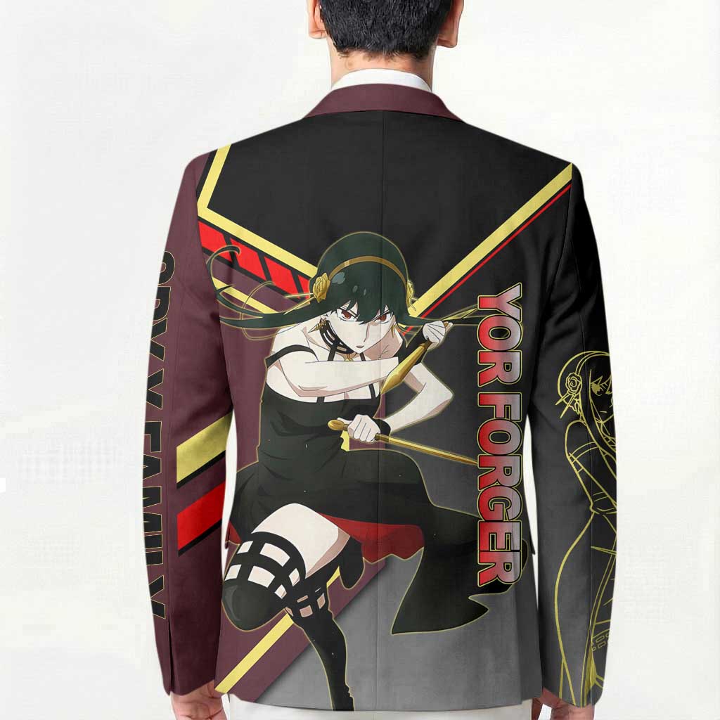 Yor Forger Spy x Family Red and Black Assassin Theme Blazer with Elegant Weapon Pose and Bold Color Accents - The Mazicc