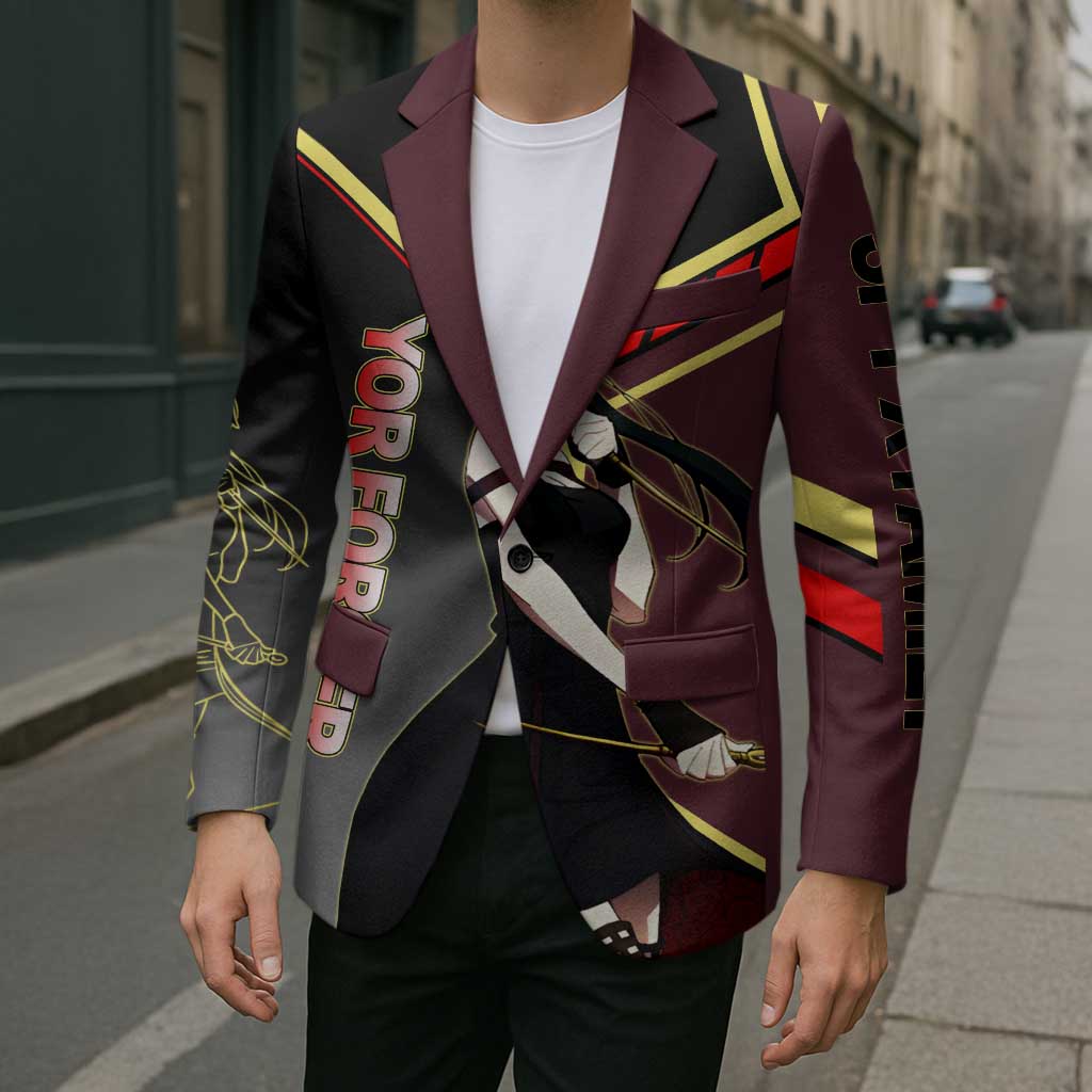 Yor Forger Spy x Family Red and Black Assassin Theme Blazer with Elegant Weapon Pose and Bold Color Accents - The Mazicc